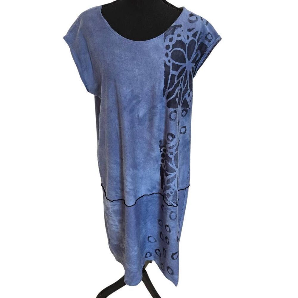 Jill's Art "Jill Stern Wearable Art" Batik Style Print Blue Shift Dress Size Lar